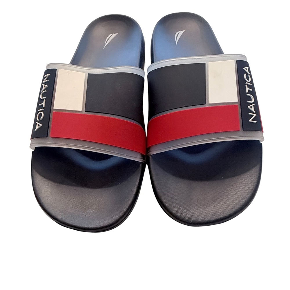 Nautica Mens Slide Sandals Navy Blue Red White Colorblock Comfort Slides Size 10